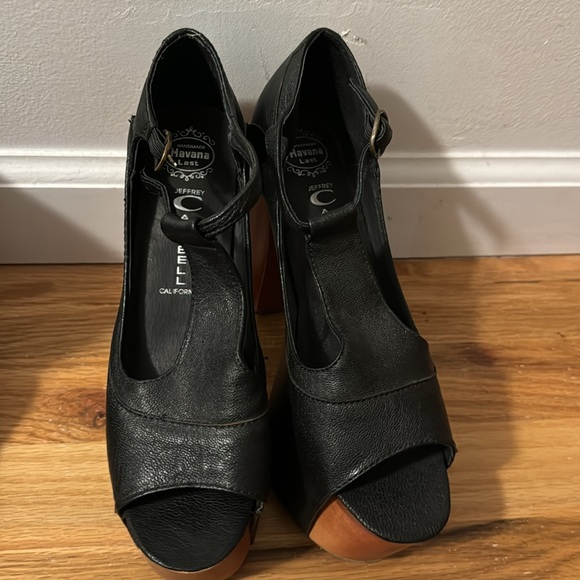 Jeffrey Campbell Black Leather Wood Platform High Heel Sandals Peep Toe - Picture 6 of 8